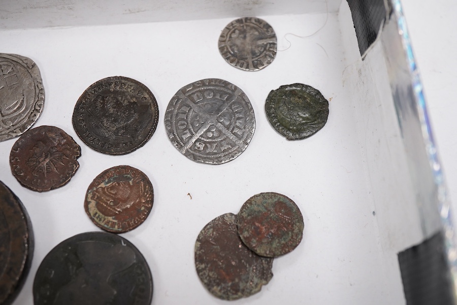 British Hammered coins, including a groat, Charles I shilling, Edward penny, two Roman AR denarius, other coins